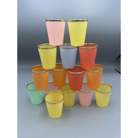 15 MCM Glasses Plastic Shot Mini Dessert KIH Vtg Hong Kong Multicolor Gold Band - Picture 13 of 16